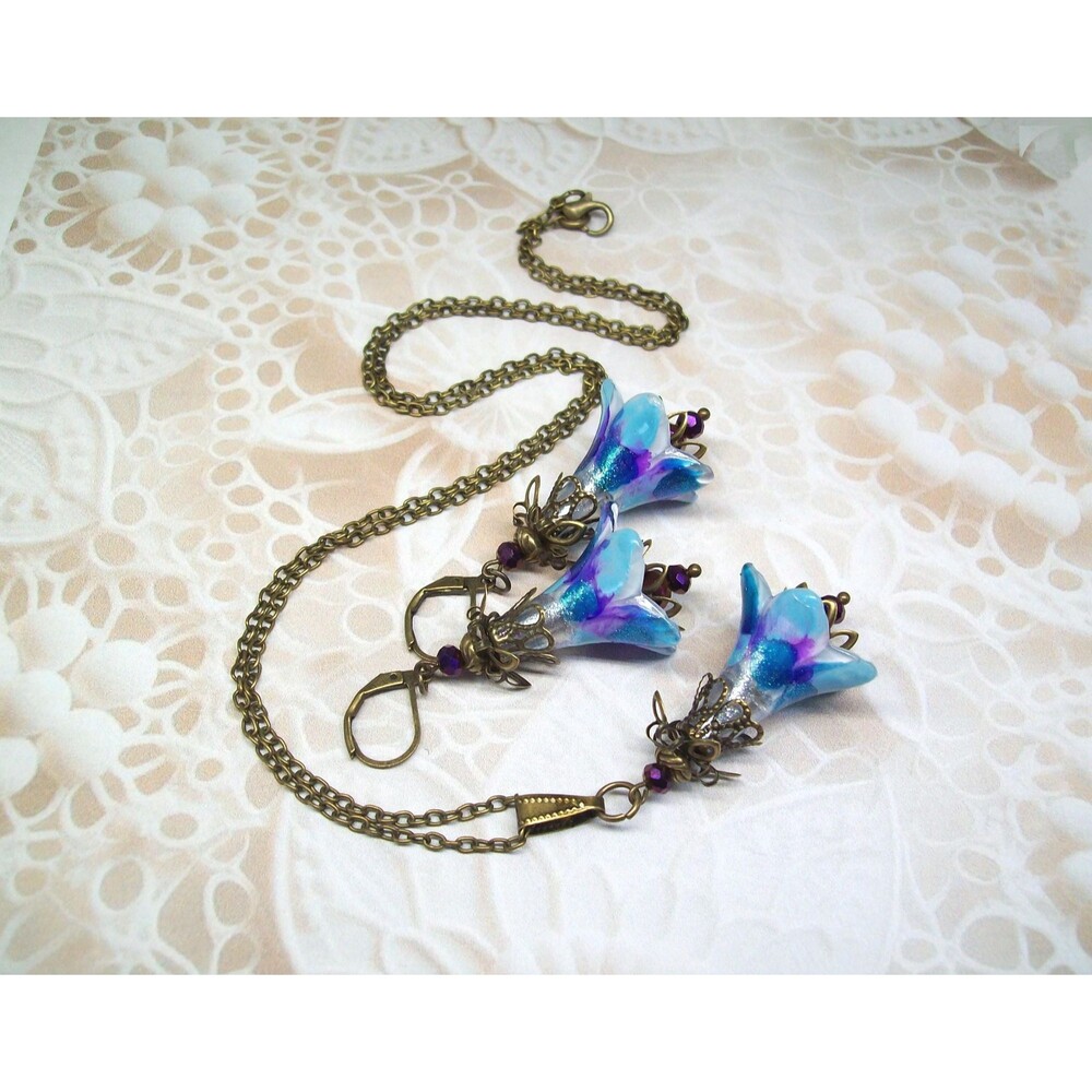 Vintage Style Art Nouveau Jewelry Set, Antique Bronze, Hand Painted, Artisan Cra